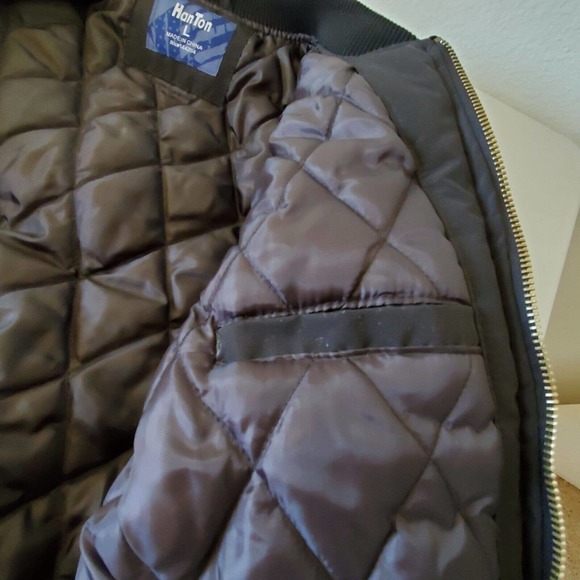 Han Ton Mens L Bomber Jacket Black Full Zip Insulated Quilted Flap Pockets - Picture 13 of 16
